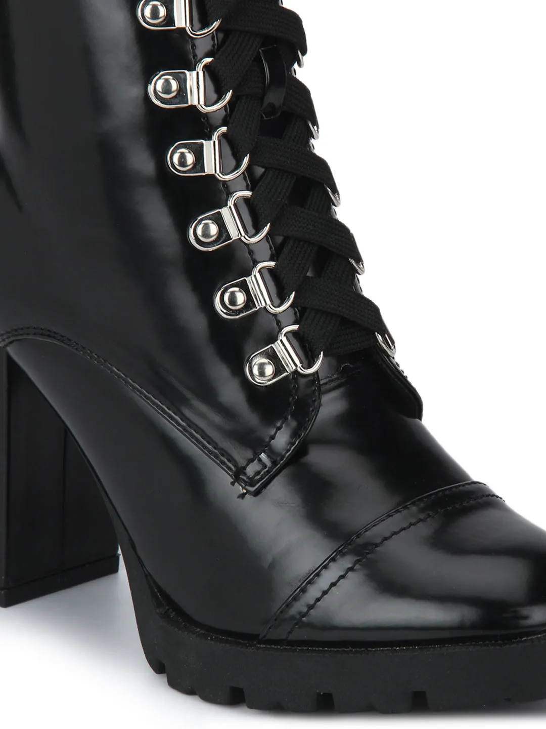 Black HiShine Block Heel Lace-Up Ankle Boots