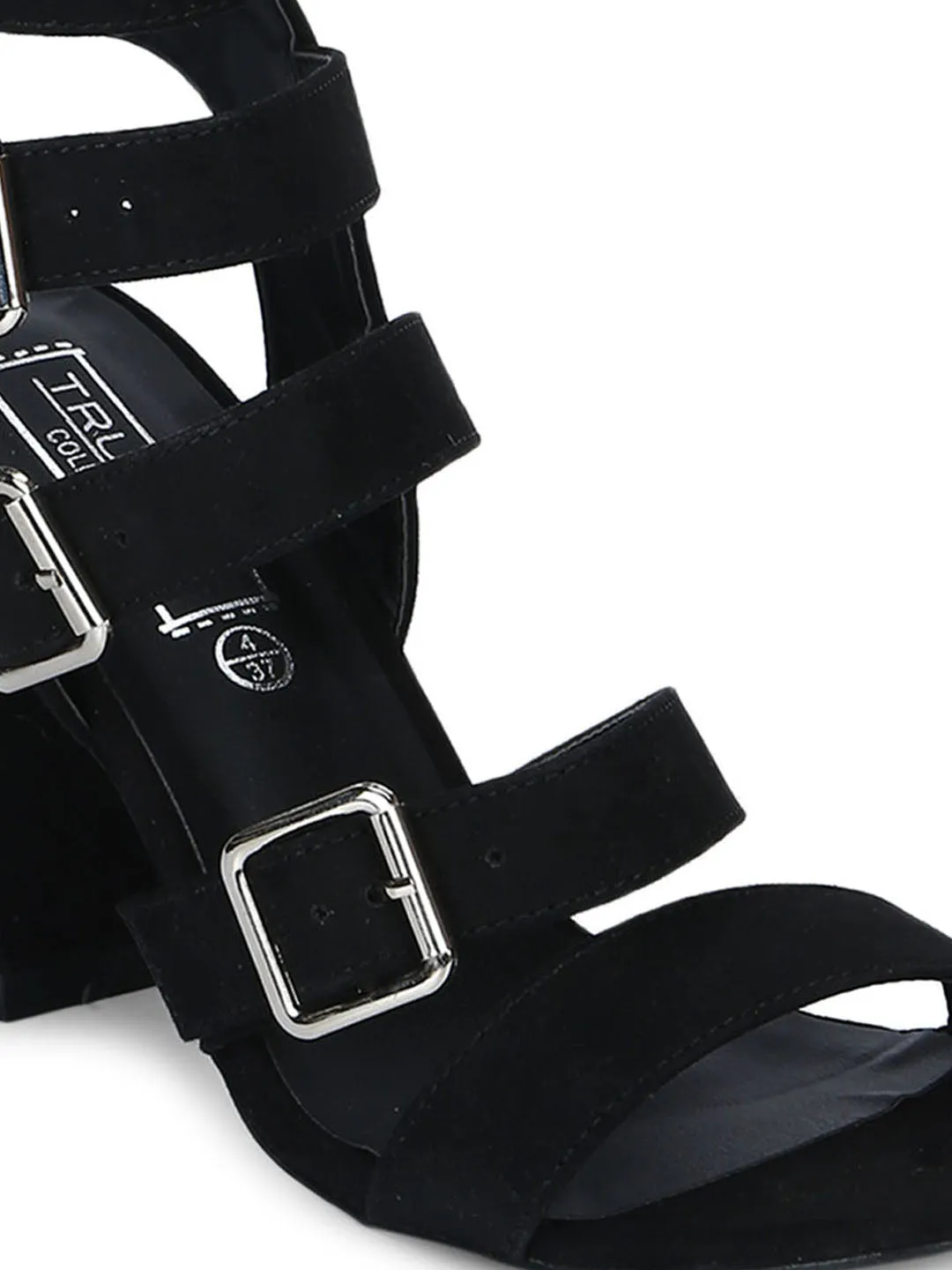 Black Micro Strappy Multiple Buckle Block Heels