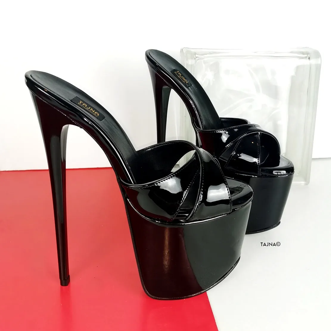 Black Patent Cross Strap Heeled Mules