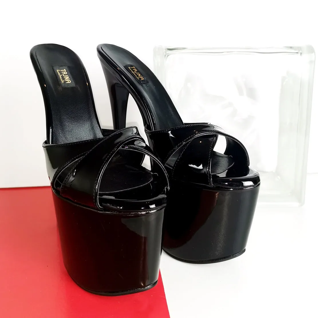 Black Patent Cross Strap Heeled Mules