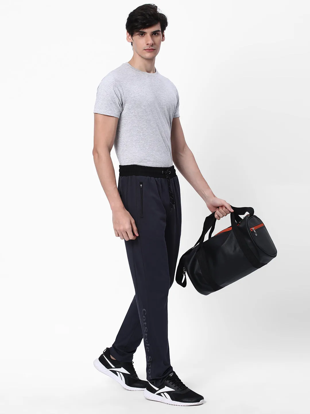 Cotstyle Men's Super Combed Cotton Slim-Fit Track Pants with Side Pocket, Colour Dark Grey-Style no.TP1100