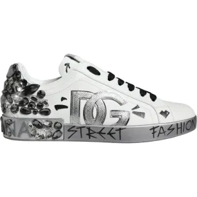 Dolce & Gabbana White Silver Crystal Logo Portofino Sneakers Shoes