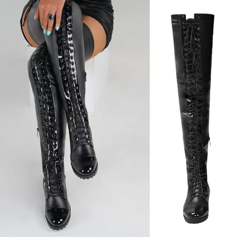 Dominatrix Thigh Length Lace Up Low Heel Boots in Black Leather