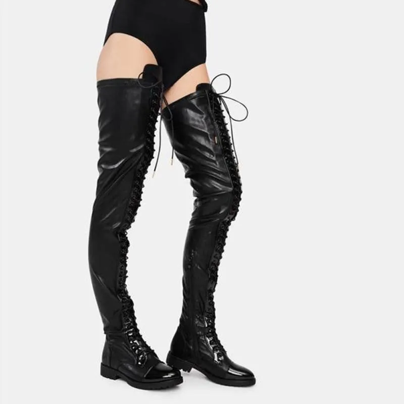 Dominatrix Thigh Length Lace Up Low Heel Boots in Black Leather