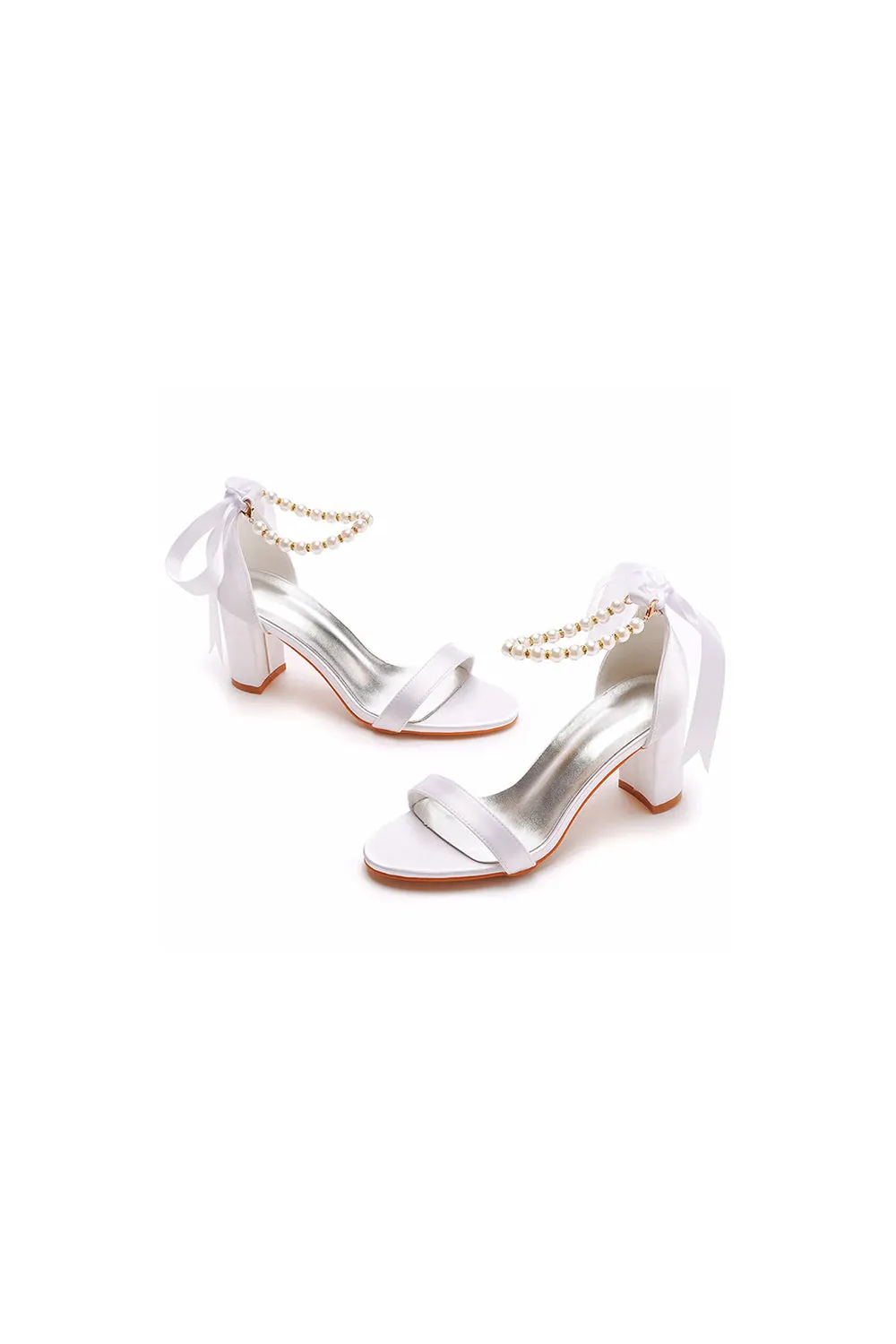 Elegant Pearl Ribbon Tie Satin Open Toe Ankle Strap Block High Heels