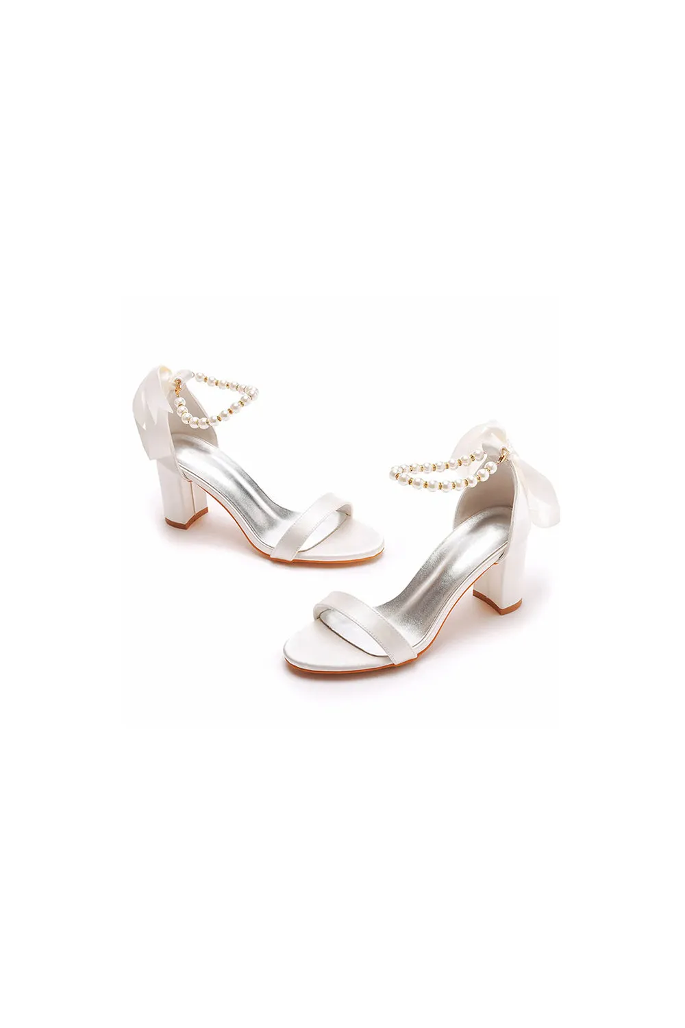 Elegant Pearl Ribbon Tie Satin Open Toe Ankle Strap Block High Heels