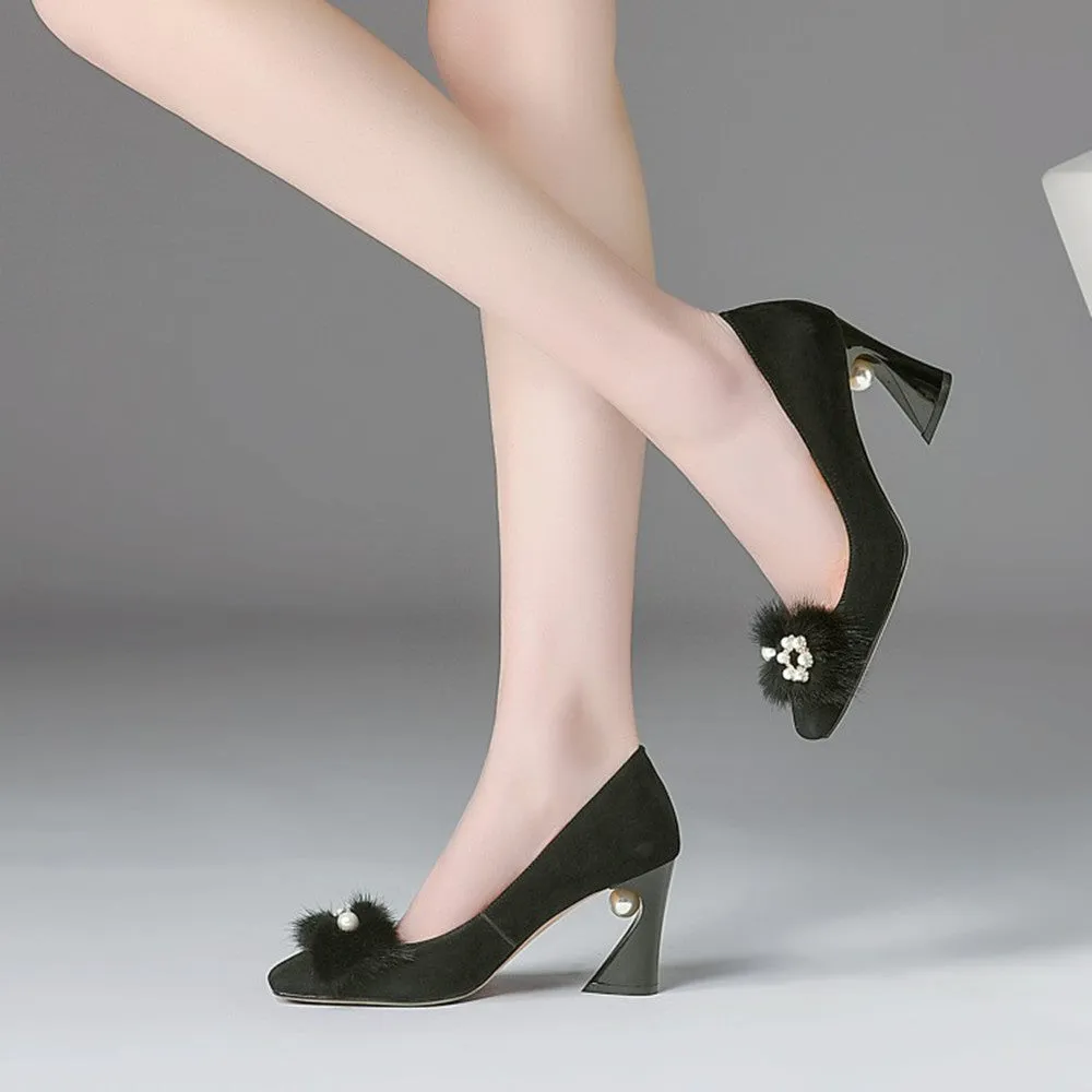 Elegant Square Toe Pumps Heels with Pearl