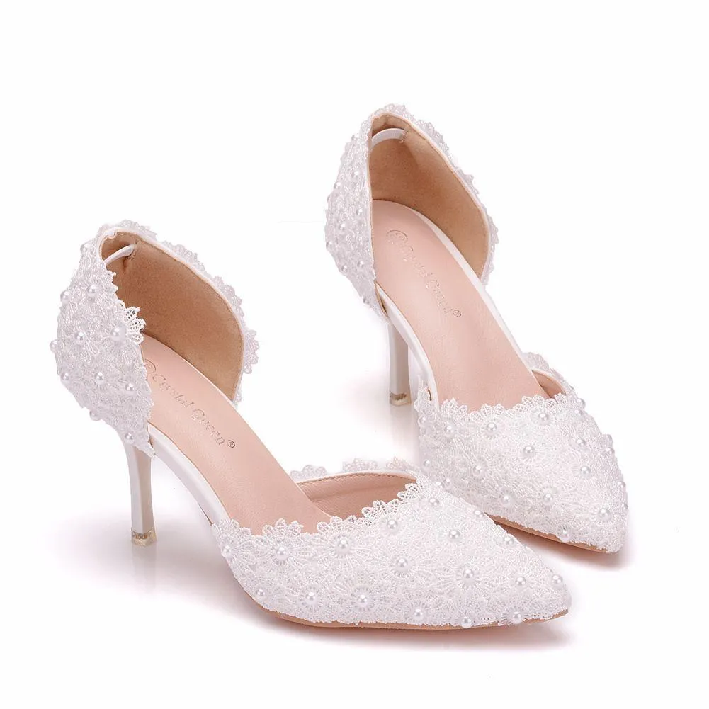 Elegant white lace wedding heels 3"