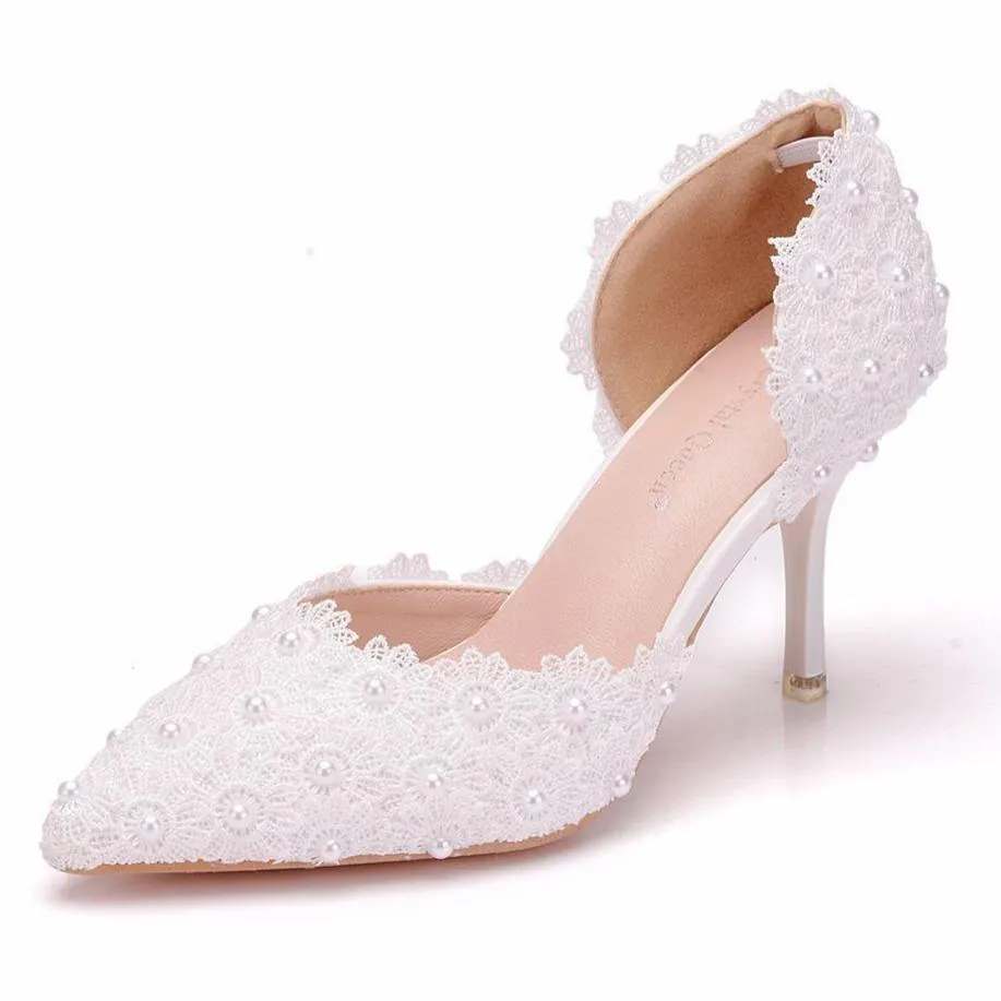 Elegant white lace wedding heels 3"