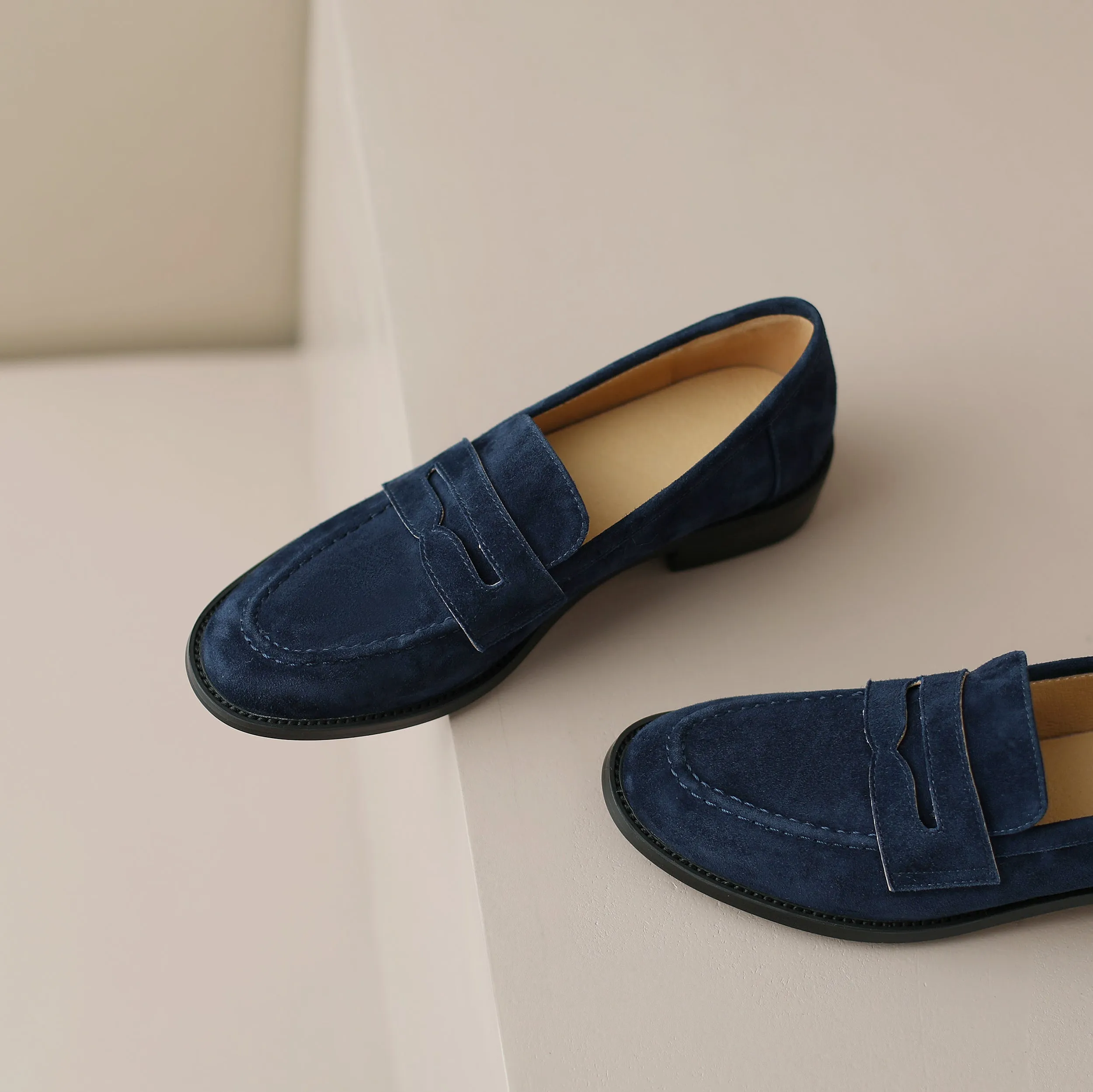 Handmade Classic Navy Suede Leather Loafers Women's Shoes