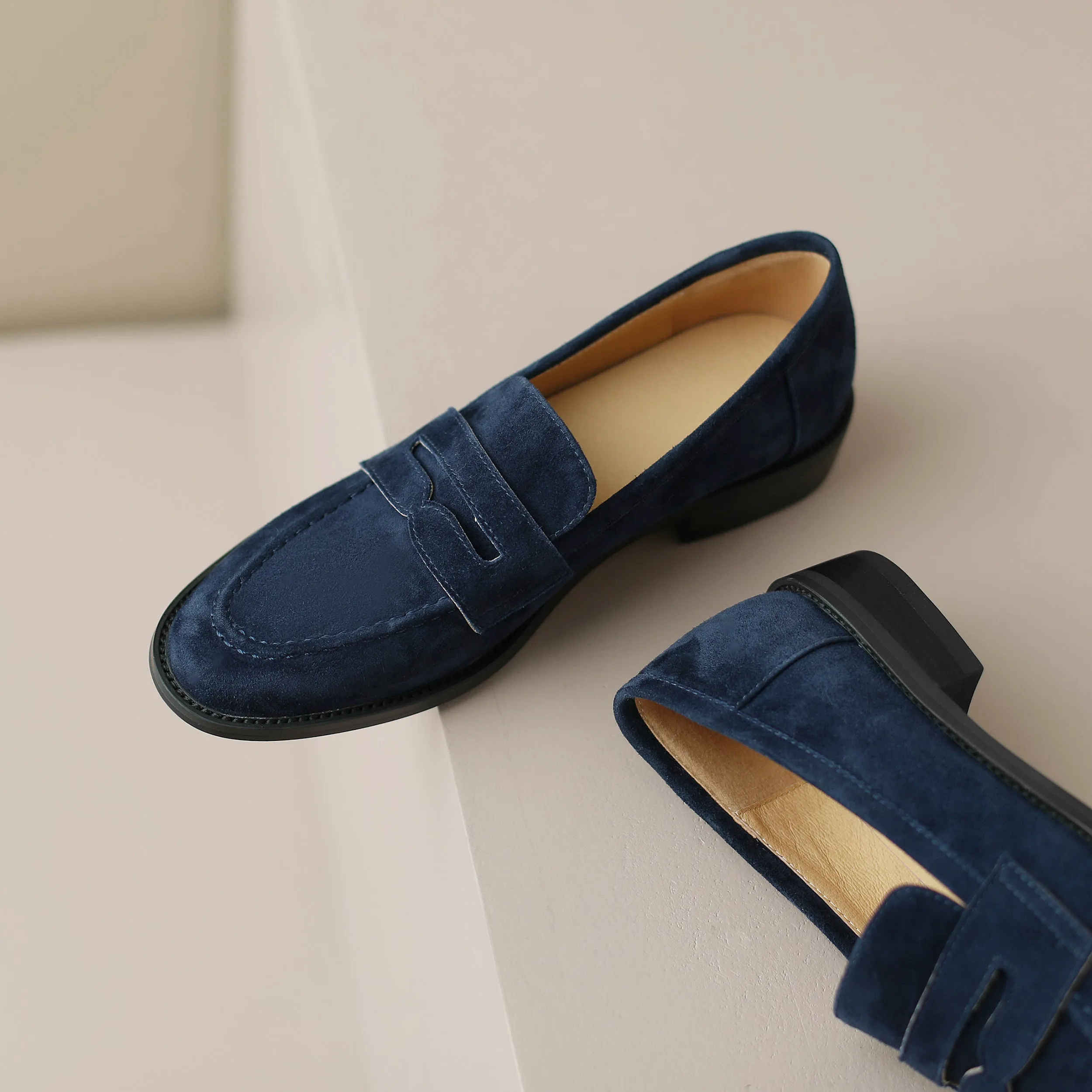 Handmade Classic Navy Suede Leather Loafers Women's Shoes