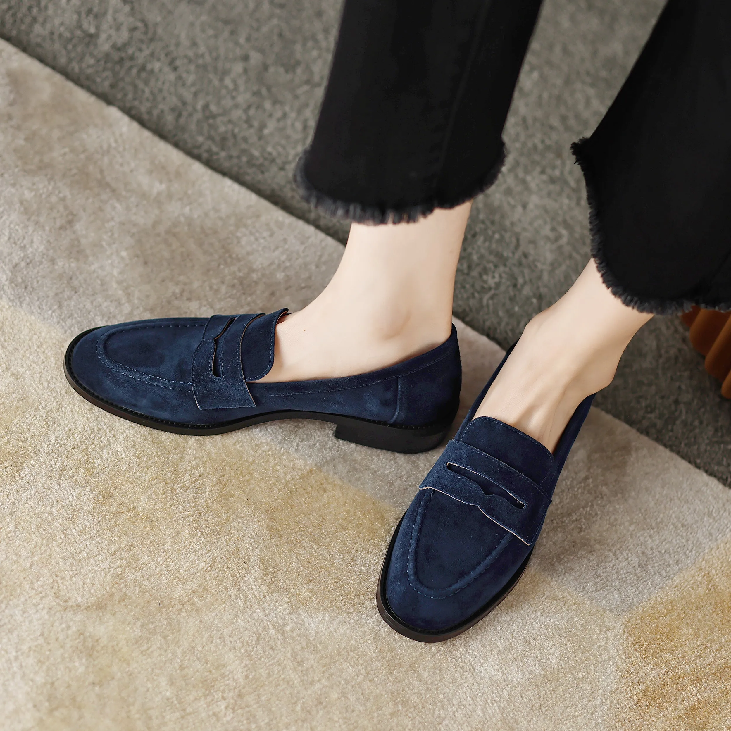 Handmade Classic Navy Suede Leather Loafers Women's Shoes