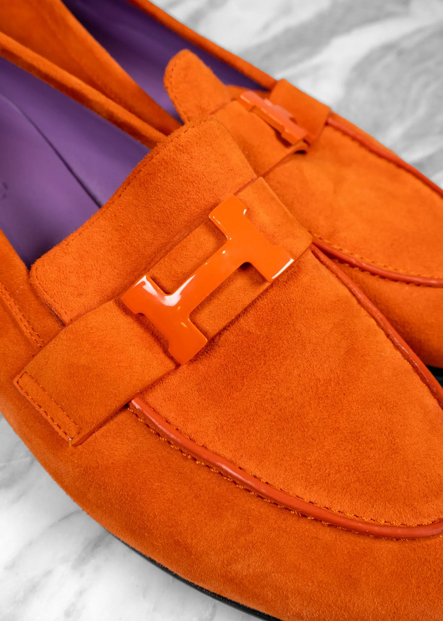 Hermès Orange Suede Paris Loafers