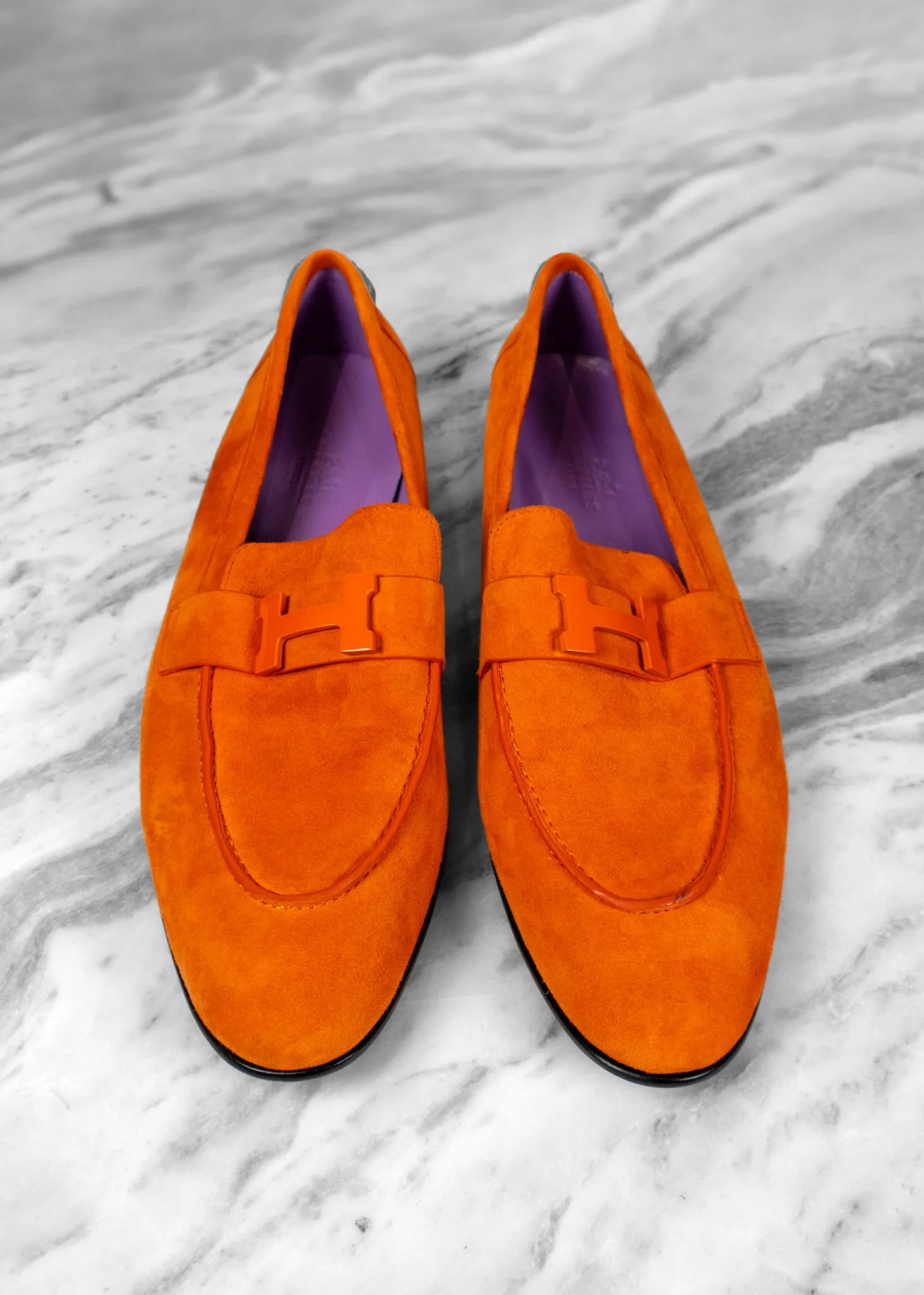 Hermès Orange Suede Paris Loafers