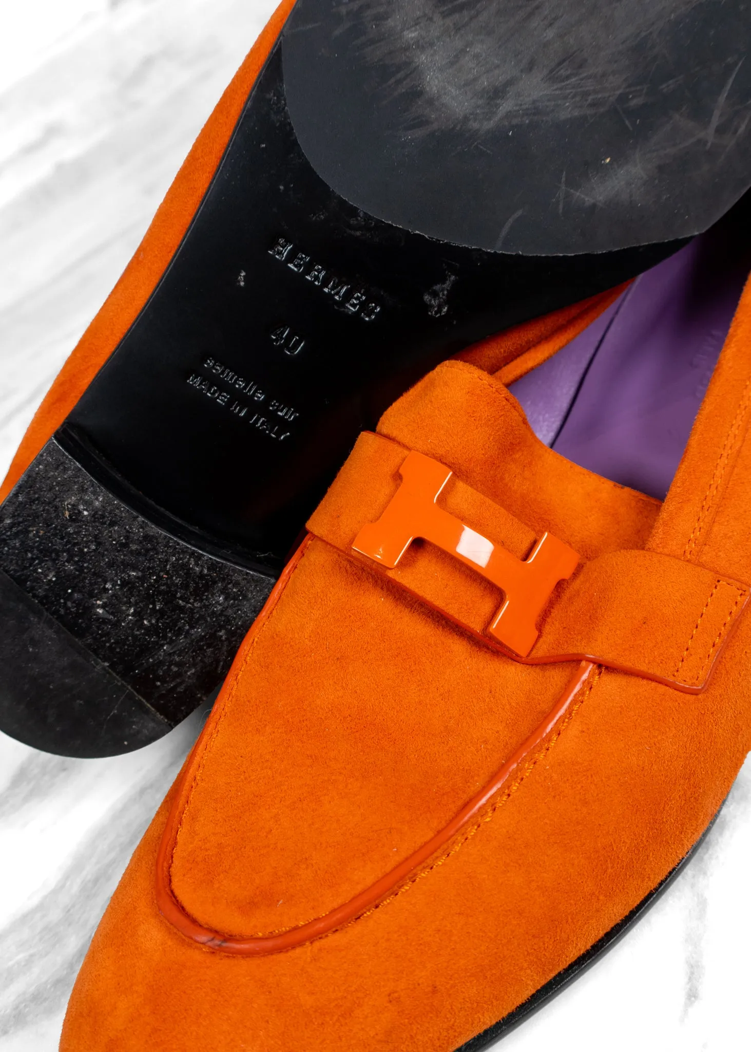 Hermès Orange Suede Paris Loafers