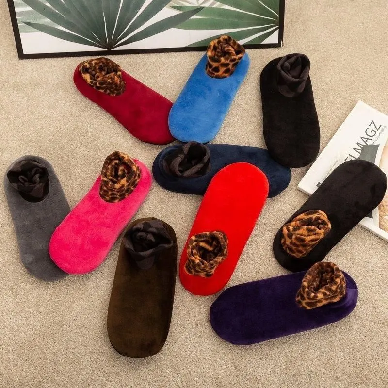 Indoor Non-slip Thermal Slipper Socks Women Leopard