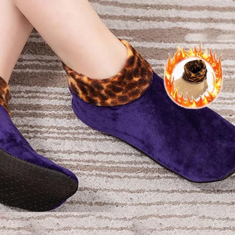 Indoor Non-slip Thermal Slipper Socks Women Leopard