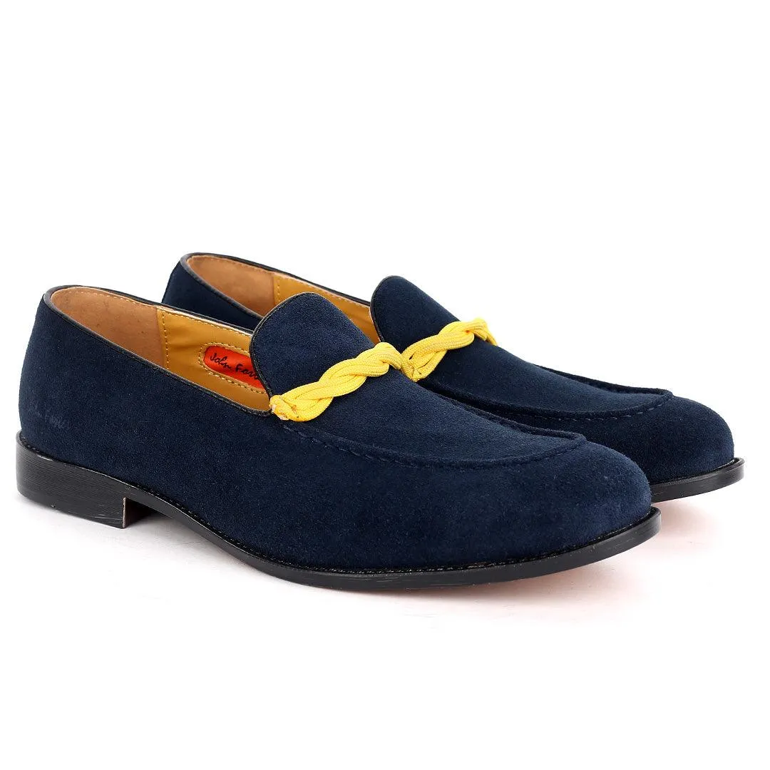 John Foster Classy Navy-Blue Suede Shoe With Yellow Twisted Rope Design