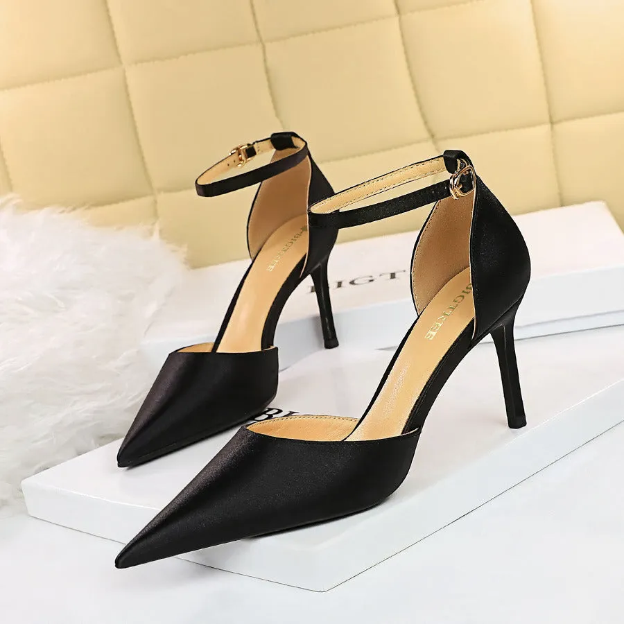 New 8cm Thin High Heels Women Casual Elegant Pointed Toe Satin Buckle Dress Shoes