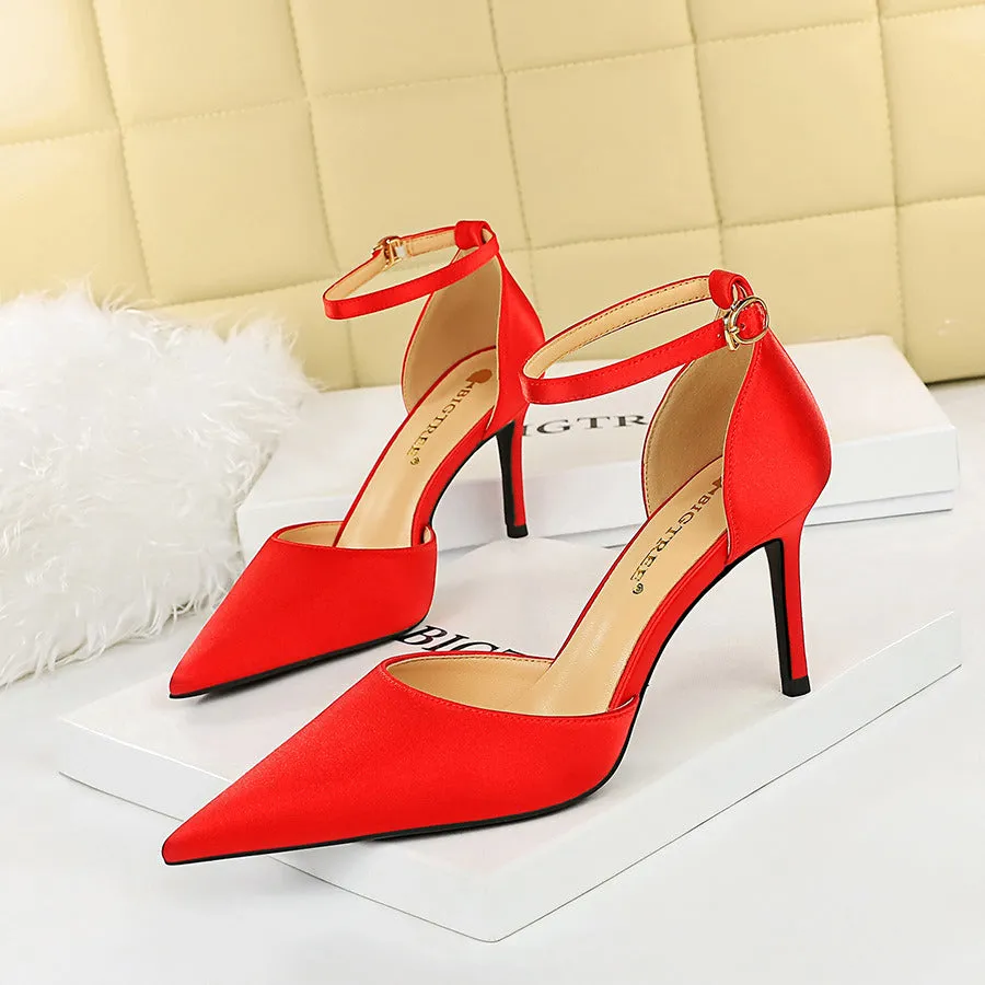 New 8cm Thin High Heels Women Casual Elegant Pointed Toe Satin Buckle Dress Shoes