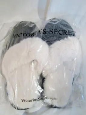 NEW NWT Womens VICTORIA'S SECRET FAUX FUR Slippers Shoe M 7-8 BLACK WHITE