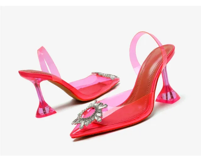 Pointed Toe Satin Slingback Embellished Pyramid Heel