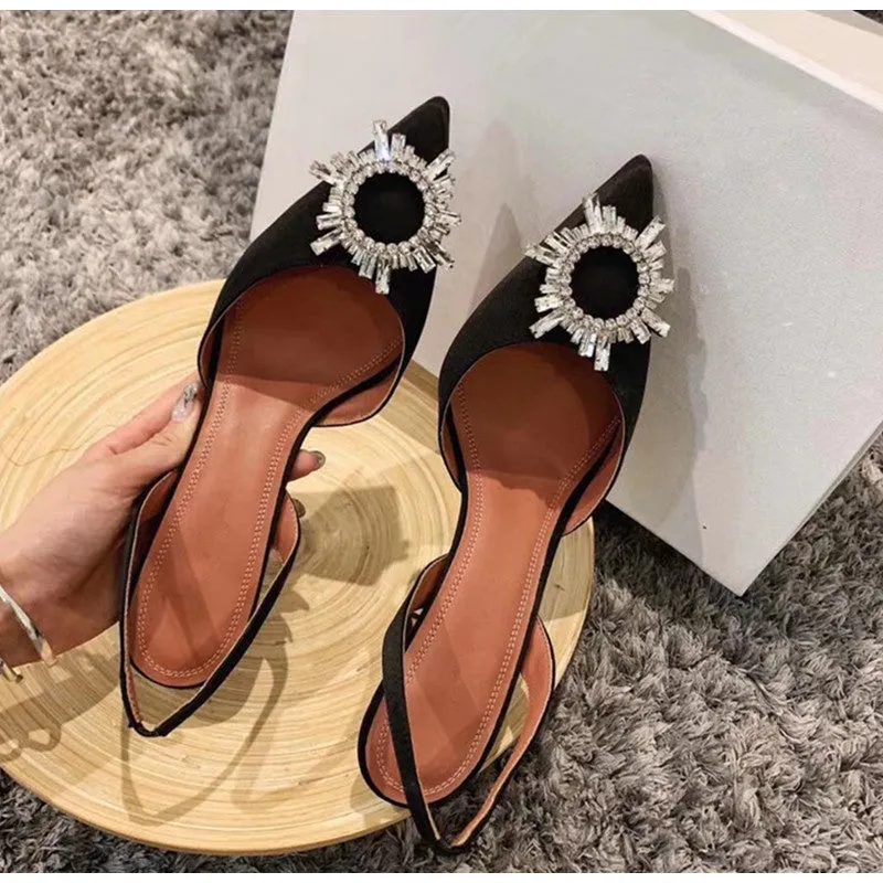 Pointed Toe Satin Slingback Embellished Pyramid Heel