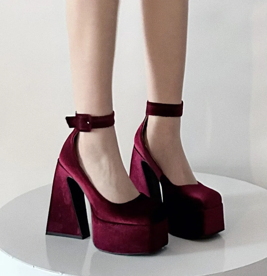 Solid Mary Jane High Heels, Ankle Strap Buckle Chunky High Heels, Platform Heels for Women, Square Toe High Heels, Cute Kawaii Velvet Shoes