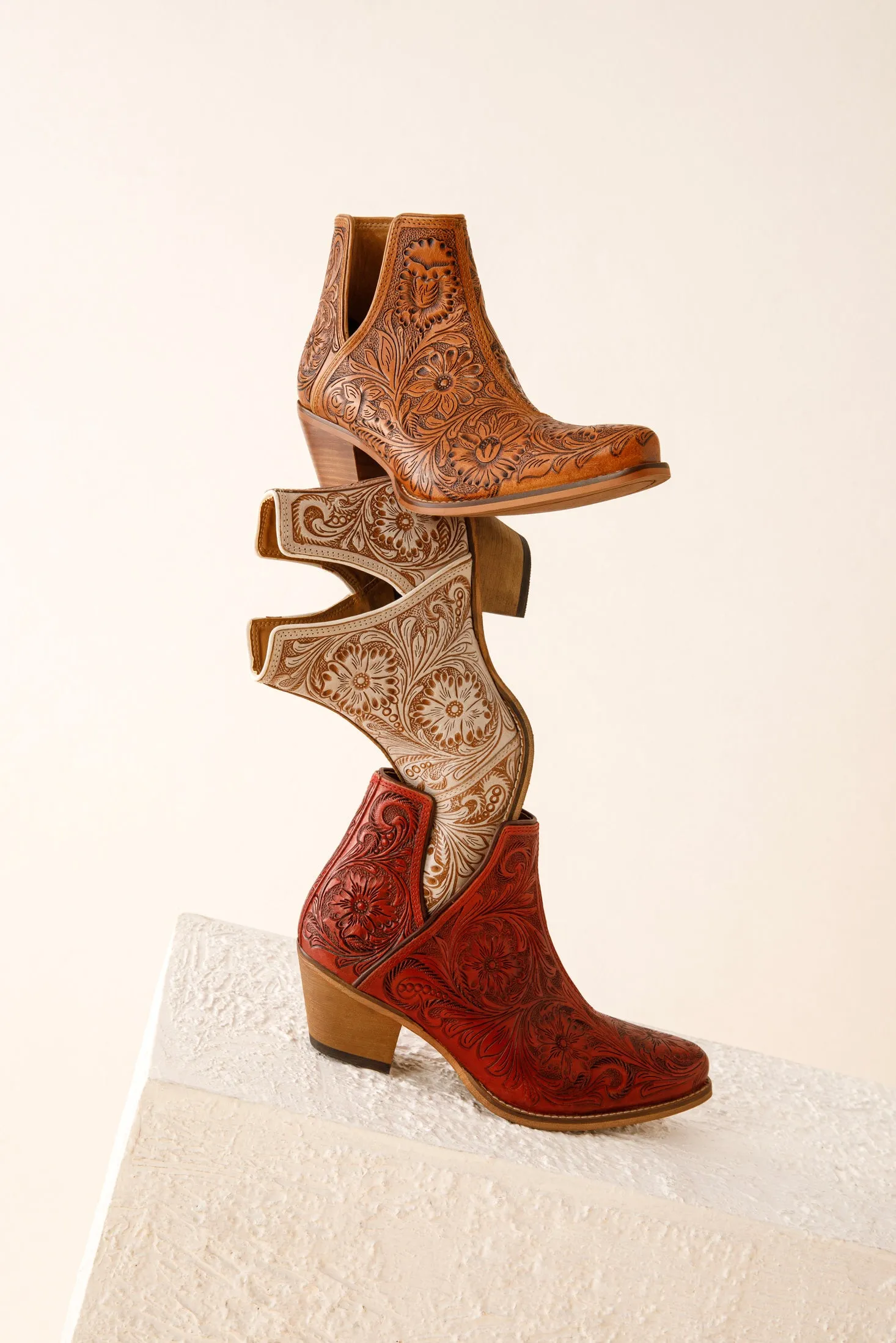 Western Moxie Hand-tooled Booties in Scarlet