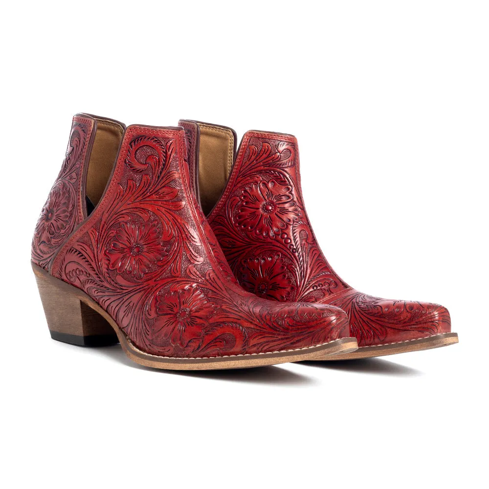 Western Moxie Hand-tooled Booties in Scarlet