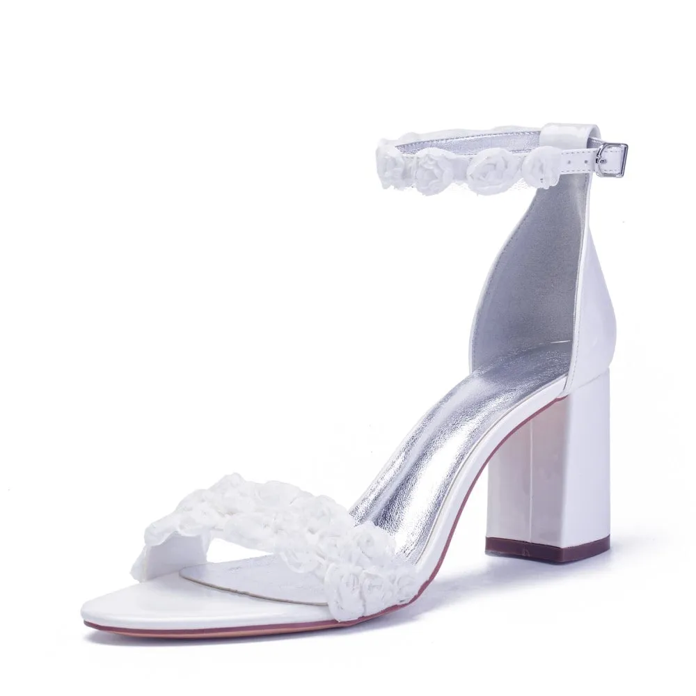 White high-heeled sandals thick heels elegant wedding party shoes