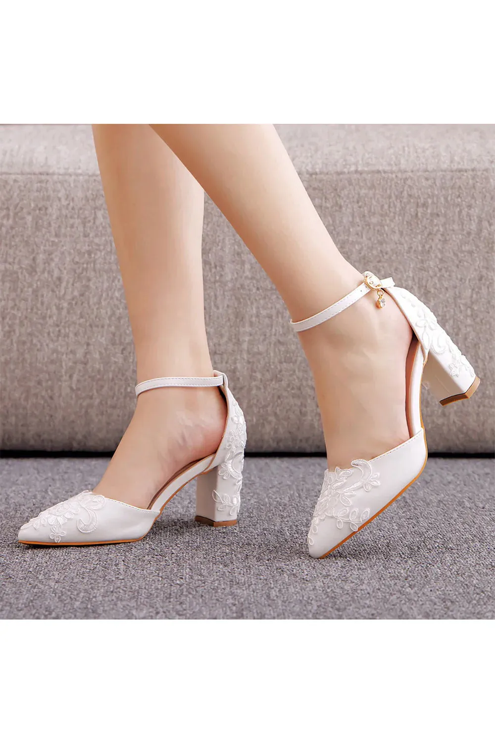 White Pointed Toe Lace Ankle Strap Chunky Heels